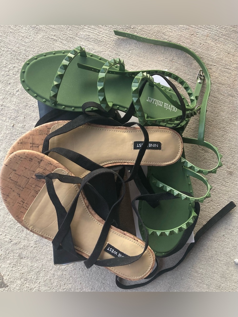 Olivia Miller Olive Green Pyramid-Stud Jelly Gladiators & Nine West Cork Sandals
